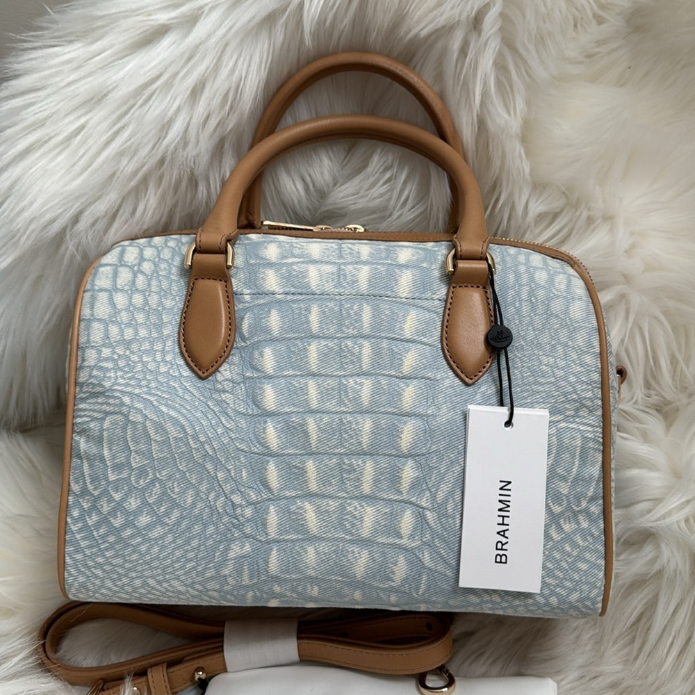 Brahmin Stacy Satchel Bag Croc Embossed Light Denim Quinze Tan Leather Accents - Picture 8 of 16